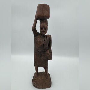 Vintage Hand Carved African Wood Figure Malawi Woman Carrying Pot 10” Tall